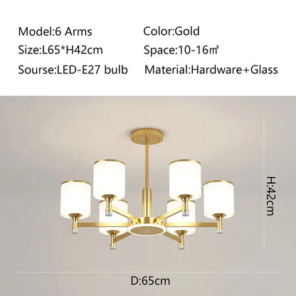Modern dark bronze decorbites glass chandelier with gold finish six arms and white glass shades for living room lighting