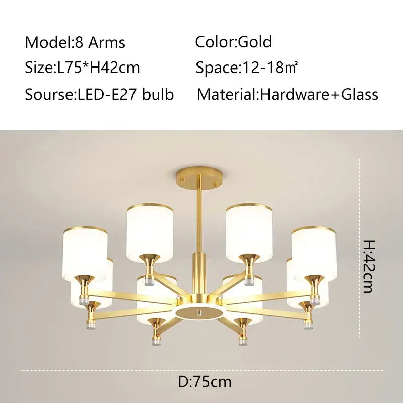 Modern dark bronze decorbites glass chandelier with gold finish eight arms and white cylindrical glass shades for living room light