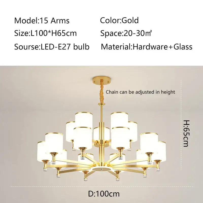 Modern dark bronze decorbites glass chandelier with 15 gold-finished arms and frosted glass shades hanging in living room