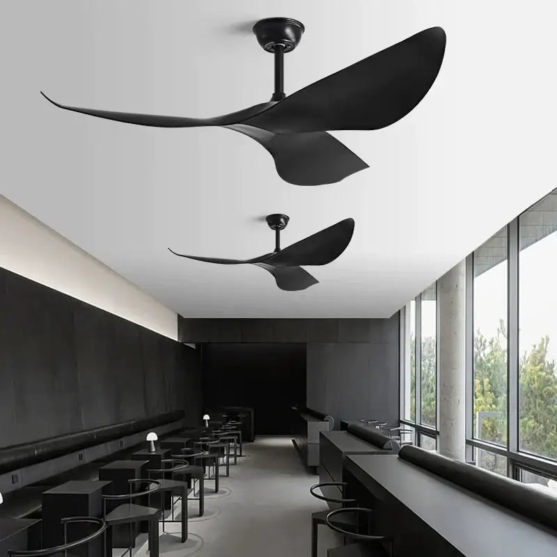 Modern dark brown and matte black ceiling fan with sleek blades and remote control for living room use