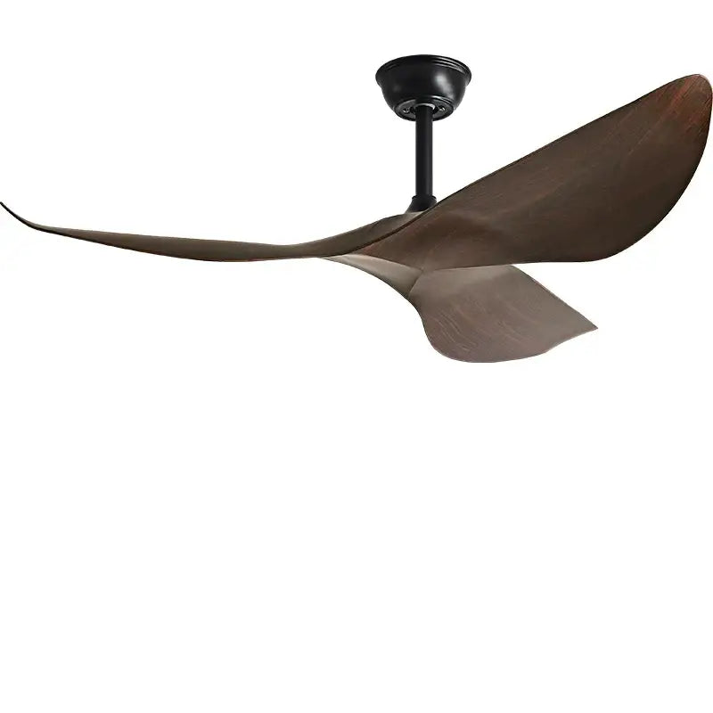 Modern dark brown wooden blade ceiling fan with matte black hub for living room featuring remote control and dc motor