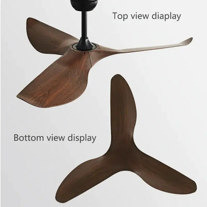 Modern dark brown and matte black dc ceiling fan with three wooden blades and remote control for living room use