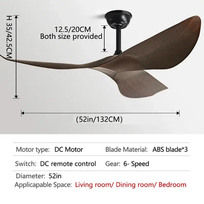 Modern dark brown and matte black ceiling fan with three sleek abs blades and remote control for living room use