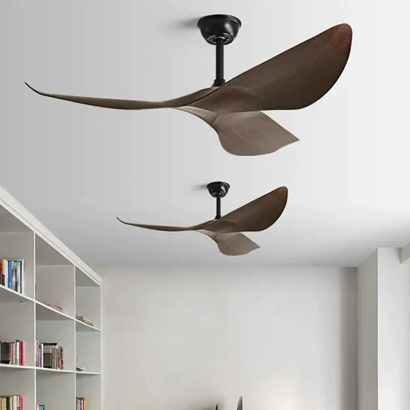 Two modern dc ceiling fans with dark brown wooden blades and matte black metal hubs for living room remote control use