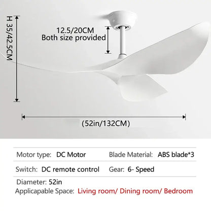 Modern dark brown and matte black ceiling fan with three white abs blades and dc motor for living room use with remote control