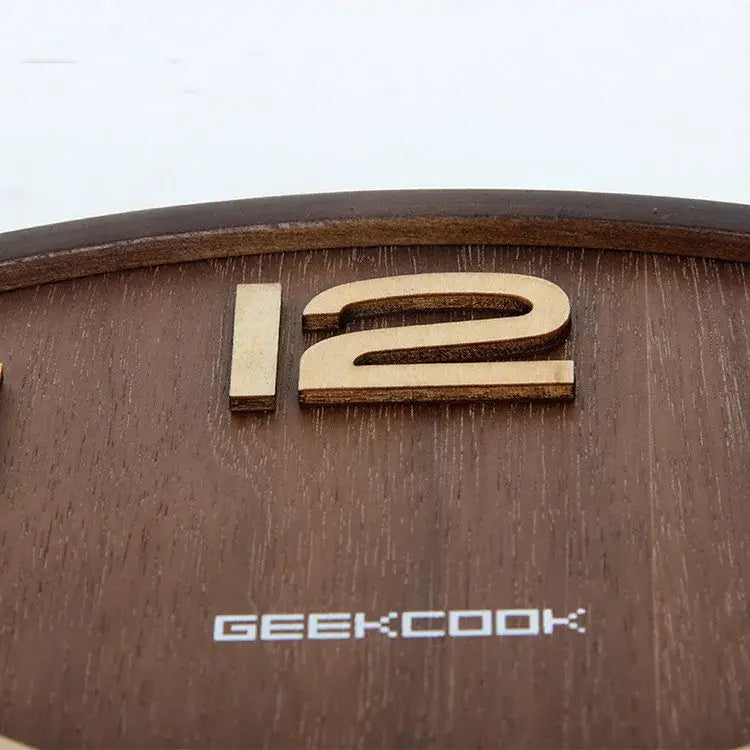 Modern dark brown bamboo wall clock with wood grain face and 3d 12 featuring brand name geekcook for living room use