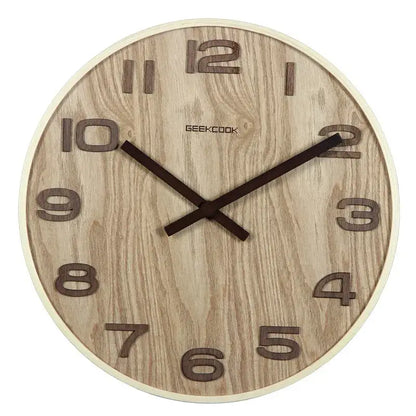 Modern dark brown bamboo wall clock with light wood grain finish and geekcook brand for living room decor