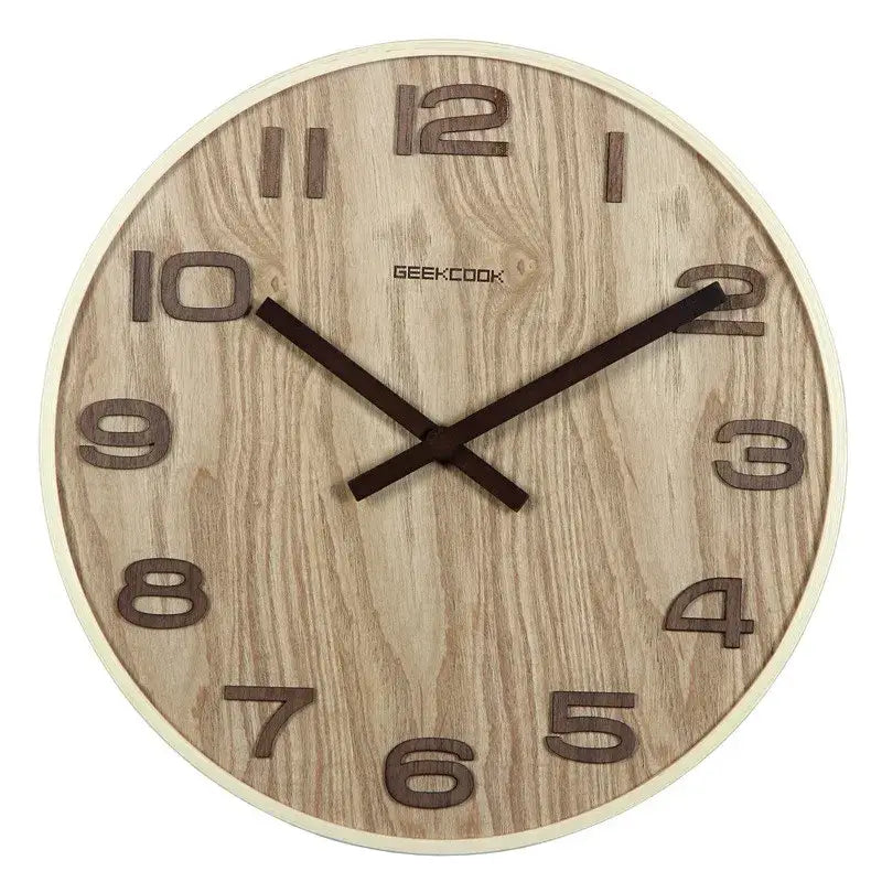 Modern dark brown bamboo wall clock with light wood grain finish and geekcook brand for living room decor