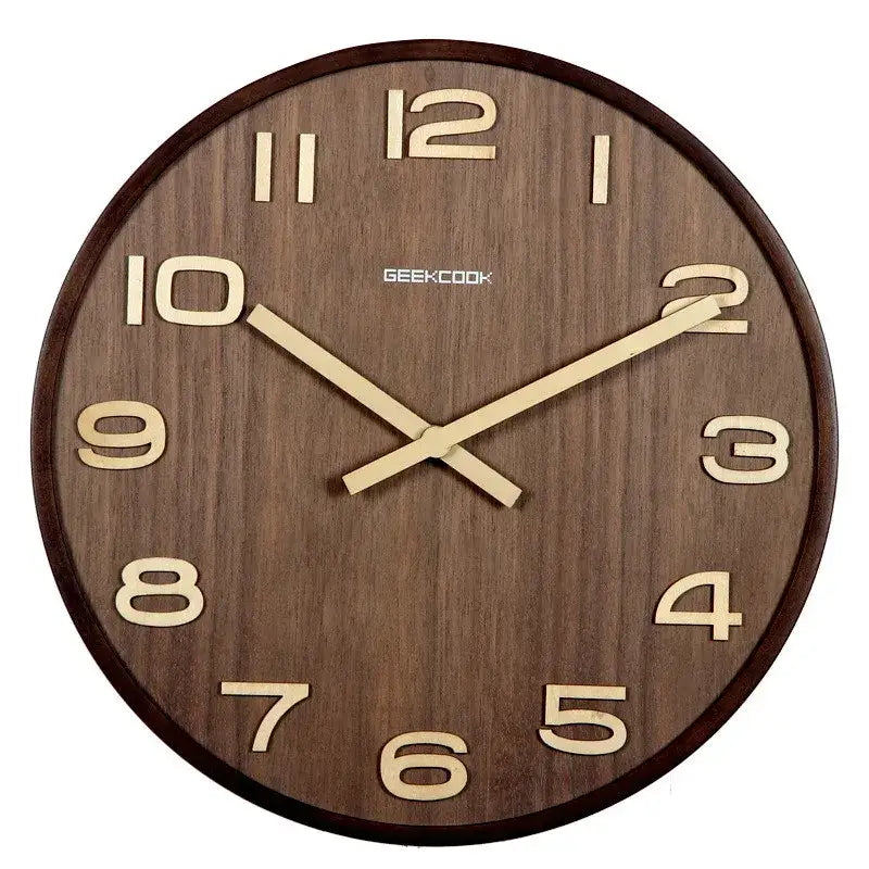 Modern dark brown bamboo wall clock with light-colored raised numerals and hands featuring wood grain design