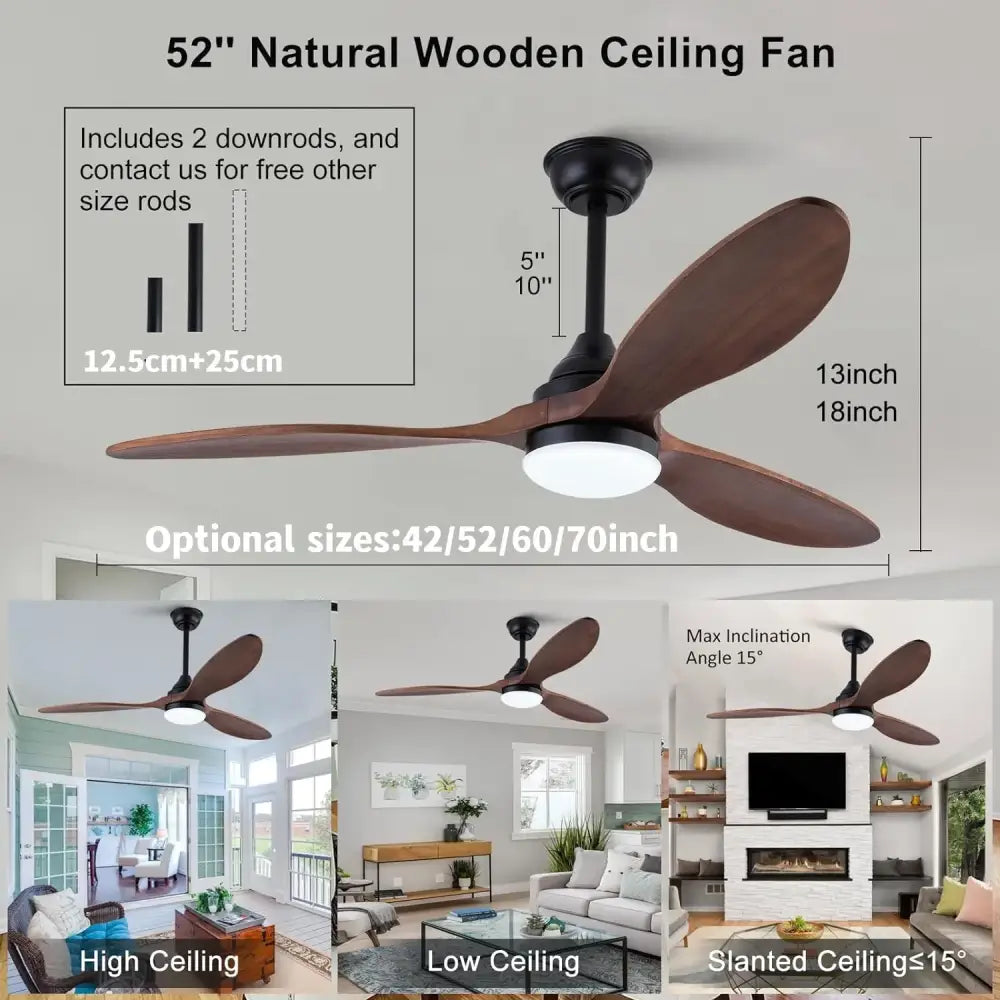 Modern 52-inch wood blade ceiling fan with dark brown wooden blades and black housing for living room use