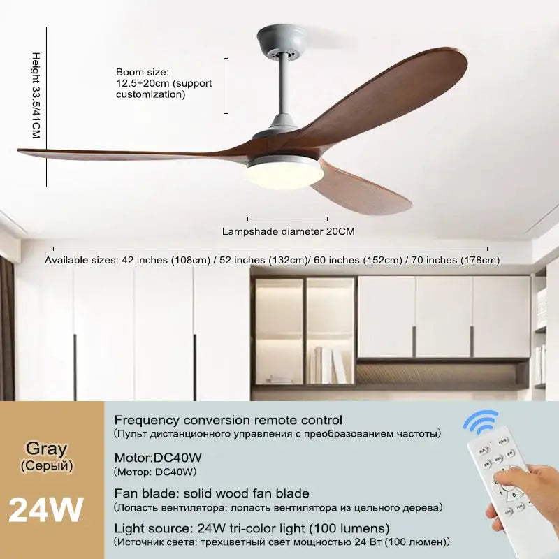 Modern gray ceiling fan with three dark wood blades and built-in 24w tri-color light for living room use wood blade ceiling fan