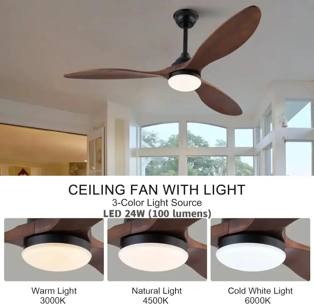 Modern dark brown and black wood blade ceiling fan with three 52 inch wood blades and central led light fixture for living room