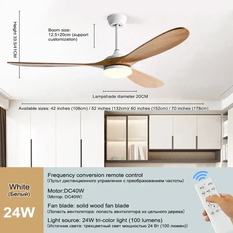 Modern dark brown and black wood blade ceiling fan with white 24w tri-color light and wooden inch wood blades for living room