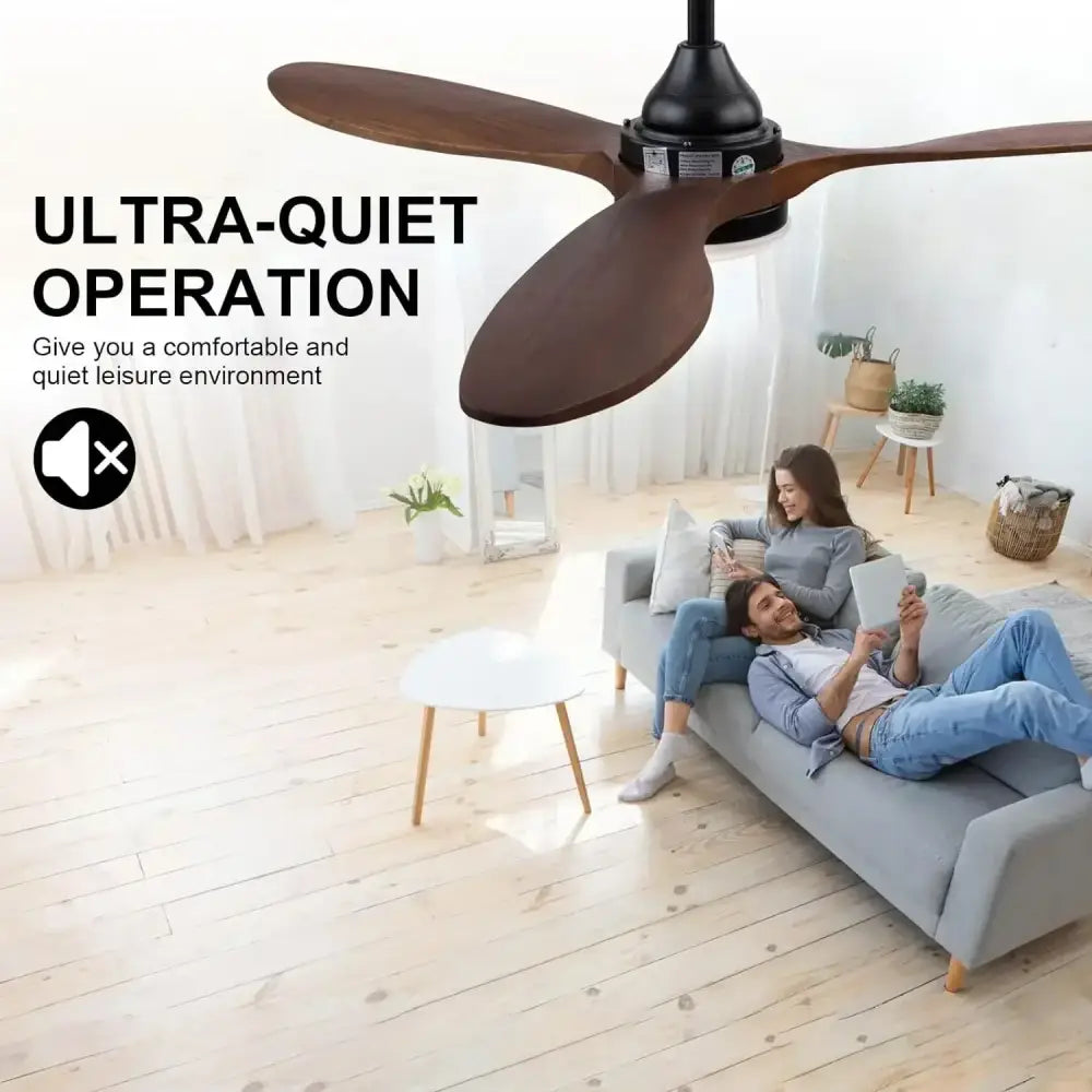 Modern dark brown and black wood blade ceiling fan with dark brown wood blades and black central motor housing for living room