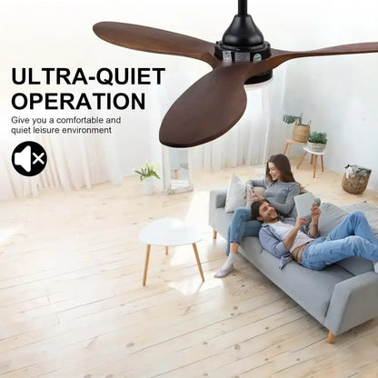 Modern dark brown and black wood blade ceiling fan with dark brown wood blades and black central motor housing for living room