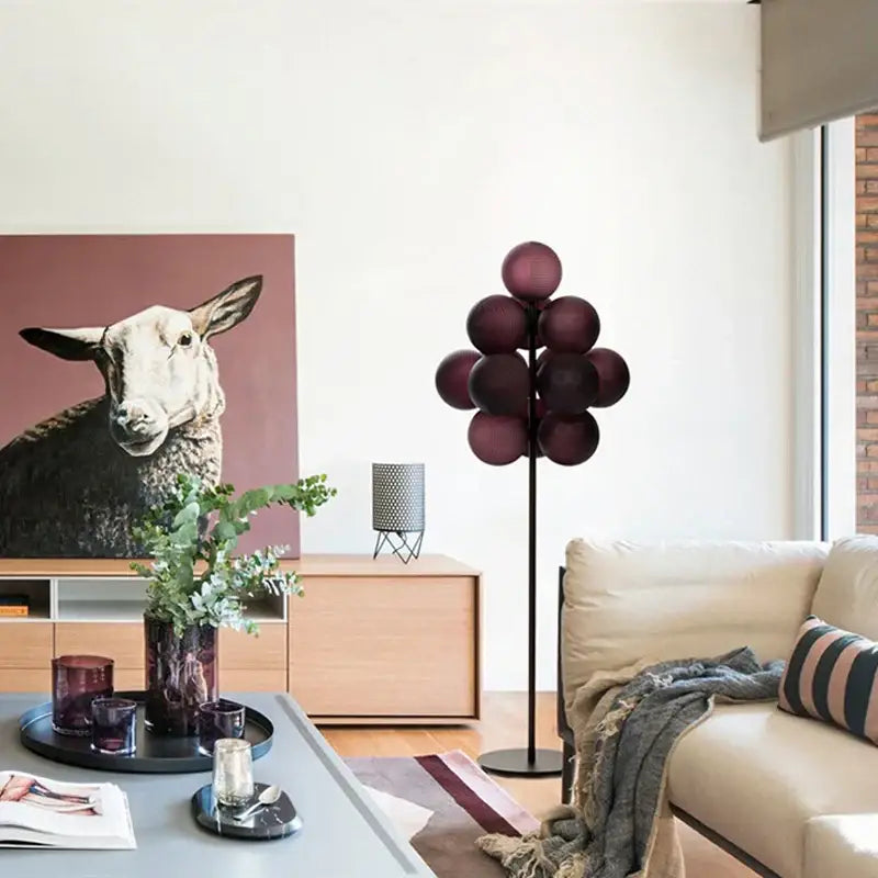 Modern dark brown bubbleglass led floor lamp with deep burgundy glass spheres on black metal stand for living room decorbites bubbleglass led floor