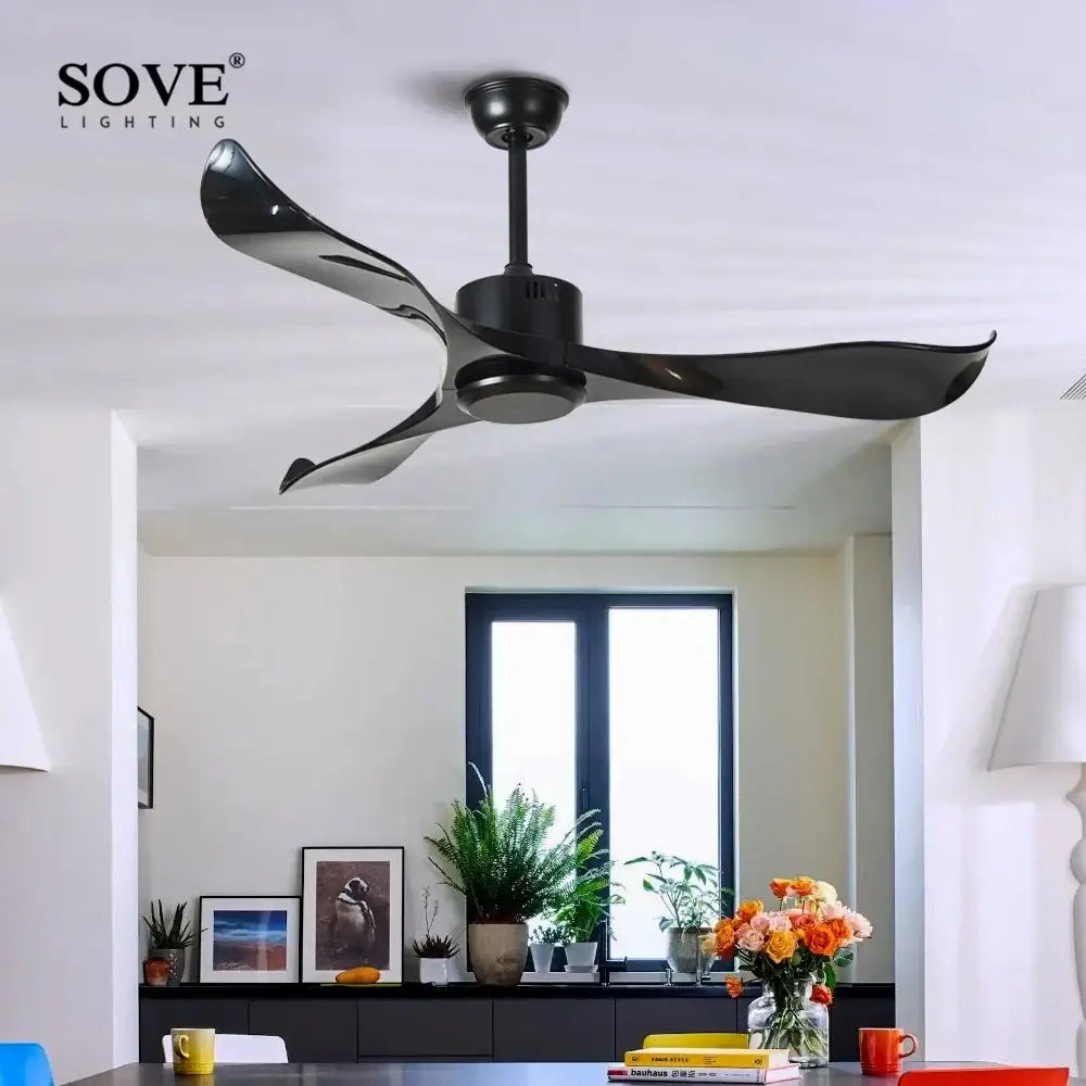 Modern dark brown ceiling fan with black matte finish blades and remote control plastic for living room use