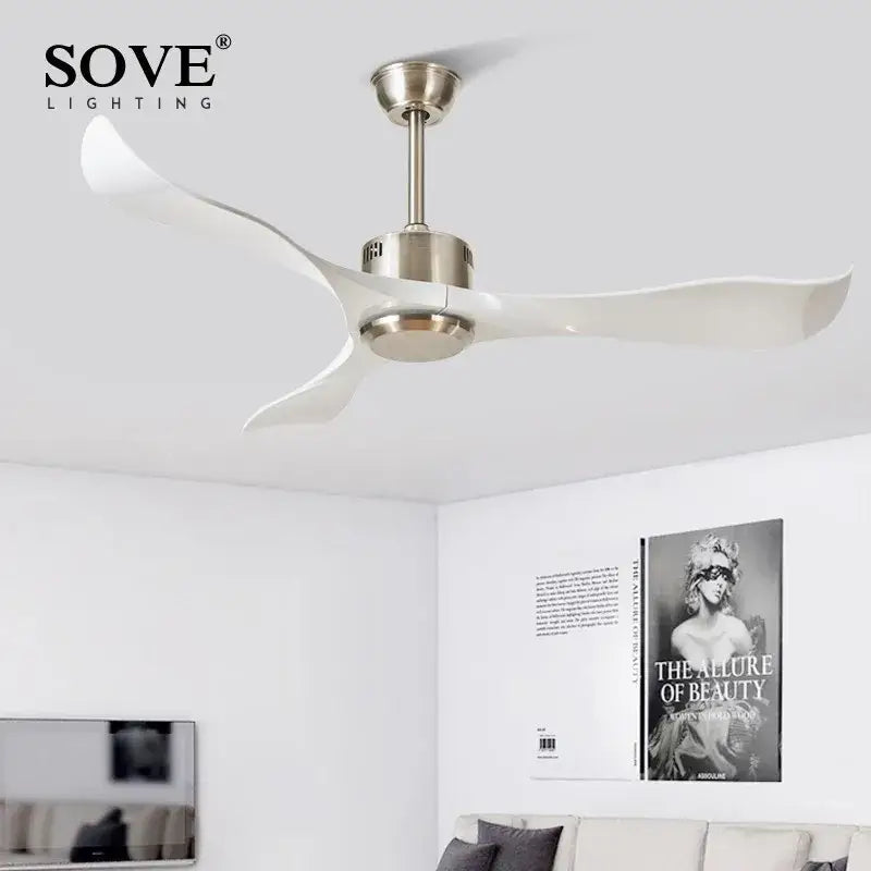 Modern dark brown ceiling fan with sleek white blades and brushed metallic finish remote control plastic for living room