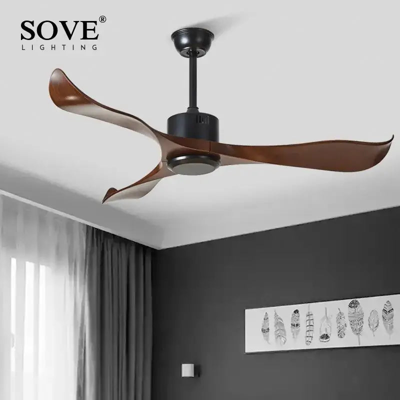 Modern dark brown ceiling fan by Sove with sleek dark bronze blades matte black housing and remote control plastic features