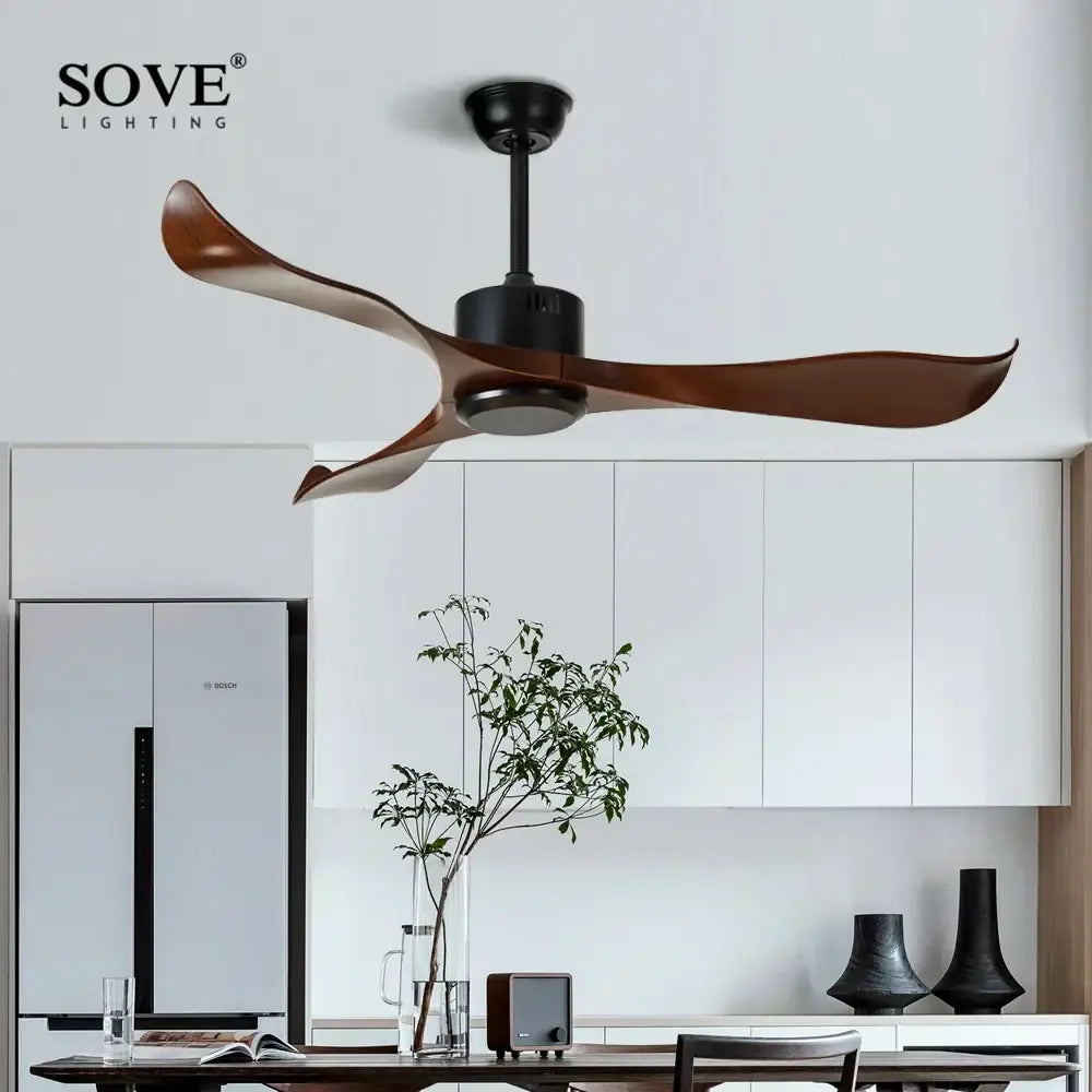 Modern dark brown sove ceiling fan with sleek curved wooden blades matte black housing and remote control plastic feature