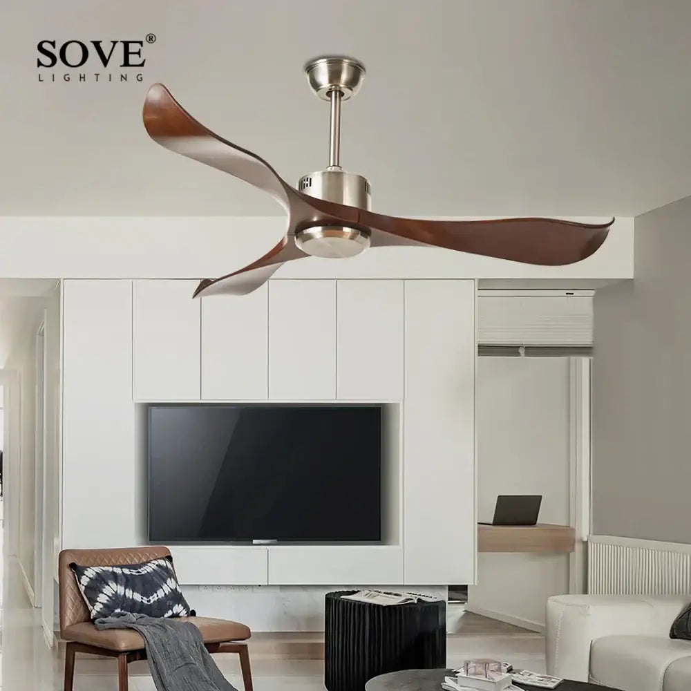 Modern dark brown ceiling fan with sleek wooden blades and brushed metallic finish with remote control plastic