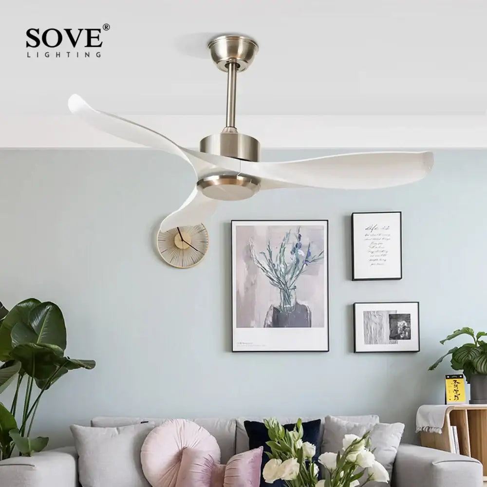 Modern dark brown ceiling fan with remote control plastic, featuring Sove lighting and three white sculpted blades in brushed nickel