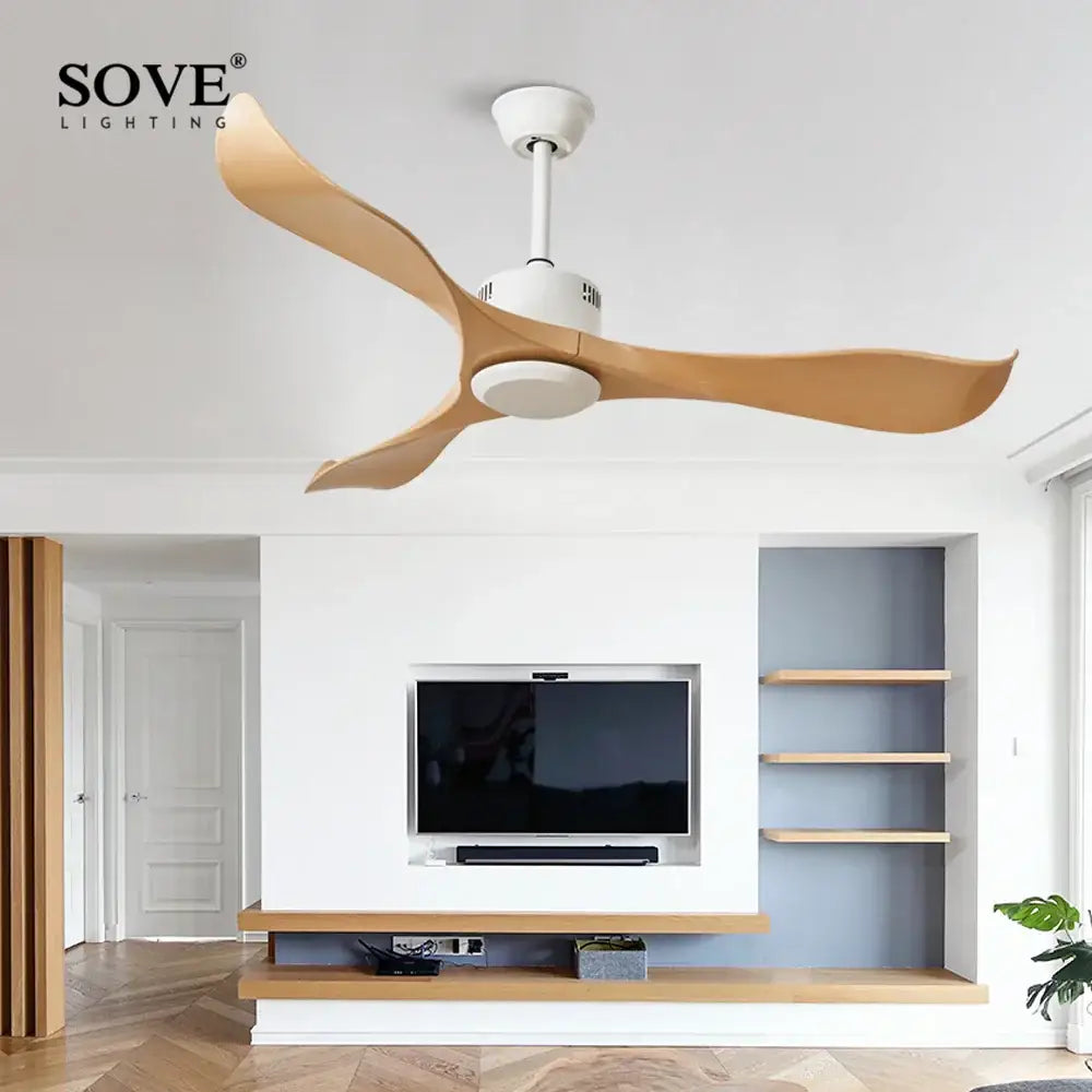 Modern dark brown ceiling fan with remote control plastic and white light wood sove blades for living room use