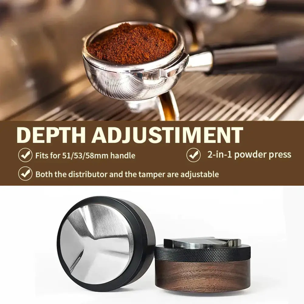 Modern dark brown espresso distribution tool with adjustable 2-in-1 stainless steel distributor and textured tamper