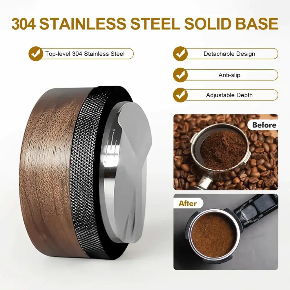 A sleek dark brown espresso distribution tool with polished 304 stainless steel base and wood-finished ring