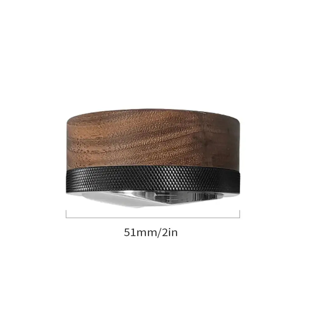 A sleek 51mm dark brown wooden espresso distribution tool with a textured black metal band for precise espresso distribution