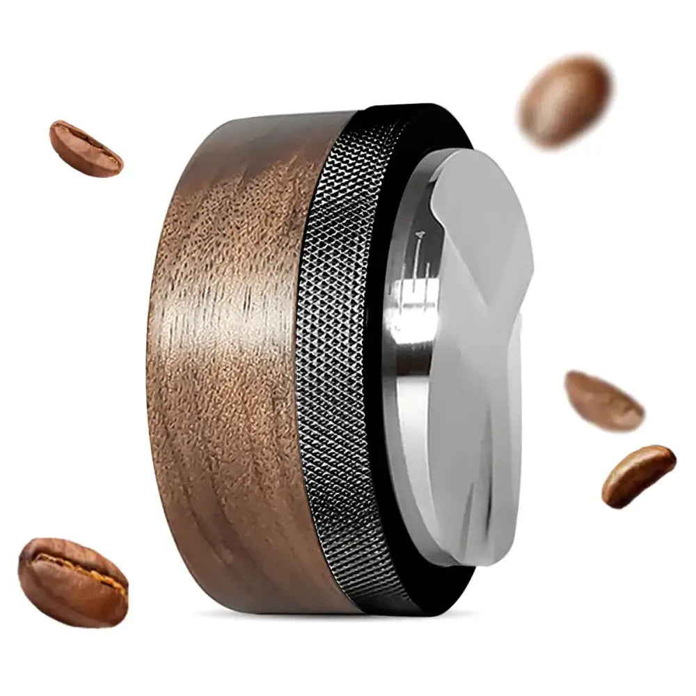 A sleek modern dark brown espresso distribution tool with wooden body and stainless steel ergonomic textured base