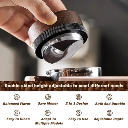 A sleek double-sided espresso distribution tool with a dark wood top and polished stainless steel base tamper