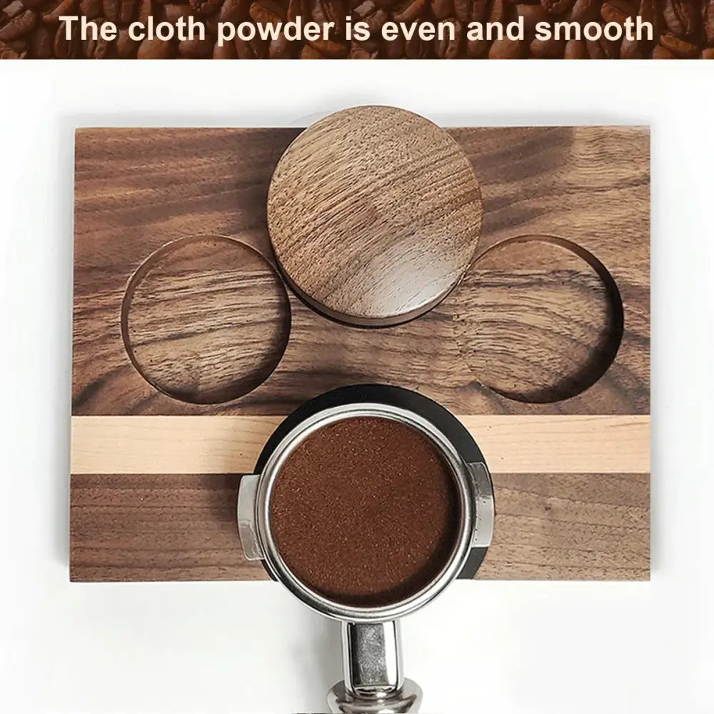 Modern dark brown wood espresso distribution tool with three circular cutouts, central lid, and light wood stripes