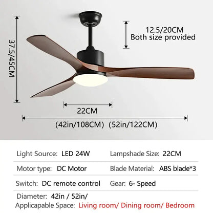 Modern dark brown wooden ceiling fan with three blades built-in led light and remote control for bedroom use