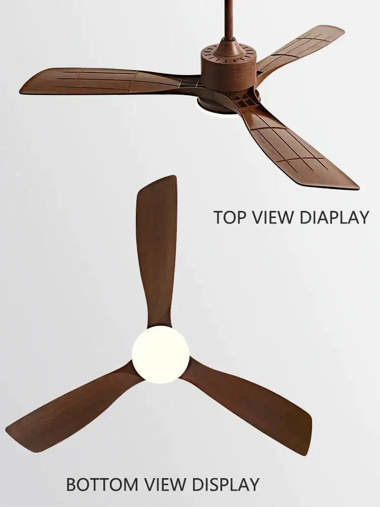 Modern dark brown wooden ceiling fan with three blades led light and remote control for bedroom use