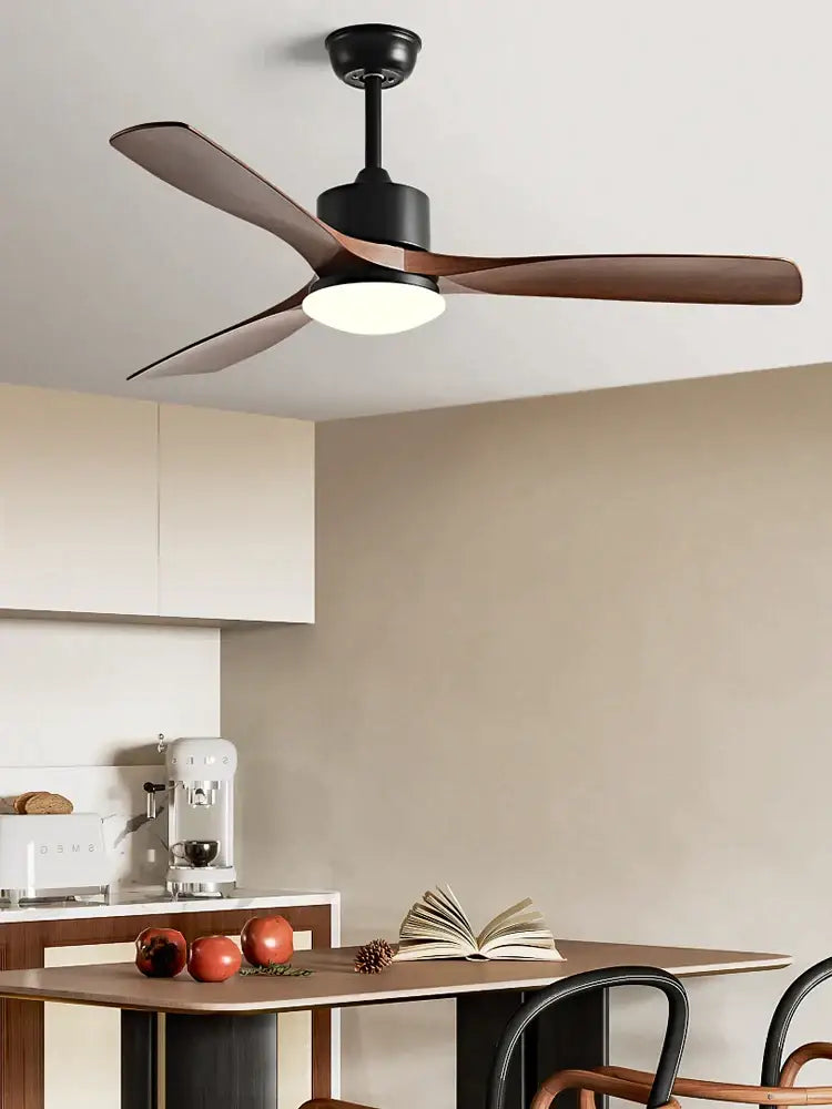 Modern dark brown wooden 3-blade dc ceiling fan with led light and remote ideal for bedroom use