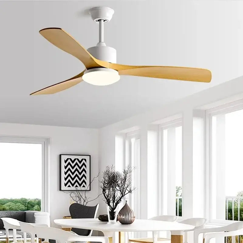 Modern dark brown wooden ceiling fan with three light wooden blades integrated led light and remote control for bedroom use