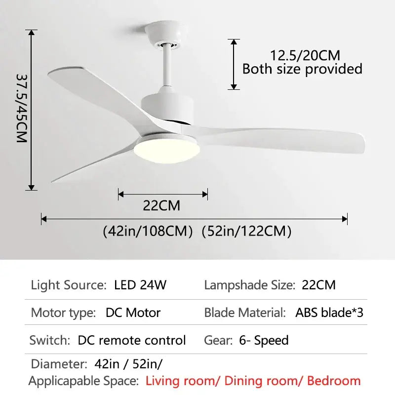 White ceiling fan with three abs blades and built-in led light compatible with remote control for bedroom use