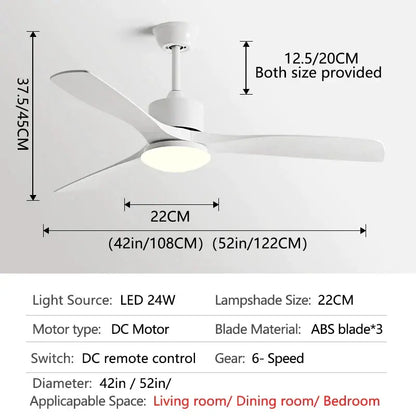 White ceiling fan with three abs blades and built-in led light compatible with remote control for bedroom use
