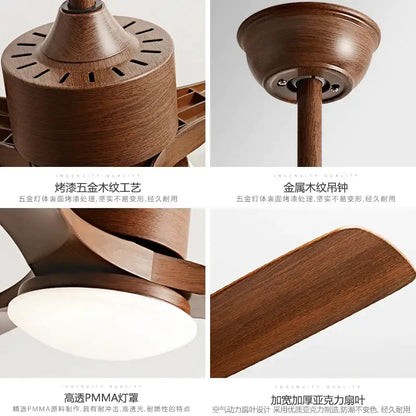 Modern dark brown wooden ceiling fan with five thick acrylic blades, led light, and remote control for bedroom use