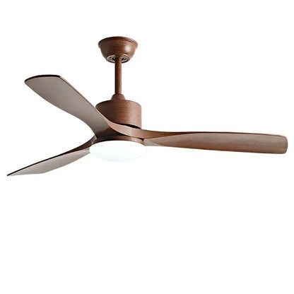 Modern dark brown wooden ceiling fan with three blades and integrated led light with remote control for bedroom use