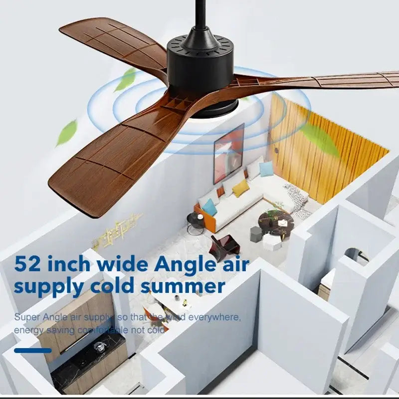Modern dark brown wooden 3-blade dc ceiling fan with led light and black central hub for bedroom use