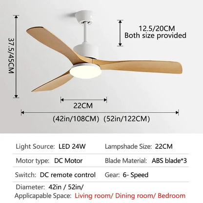 Modern dark brown wooden ceiling fan with three light wooden blades led light and remote control for bedroom use