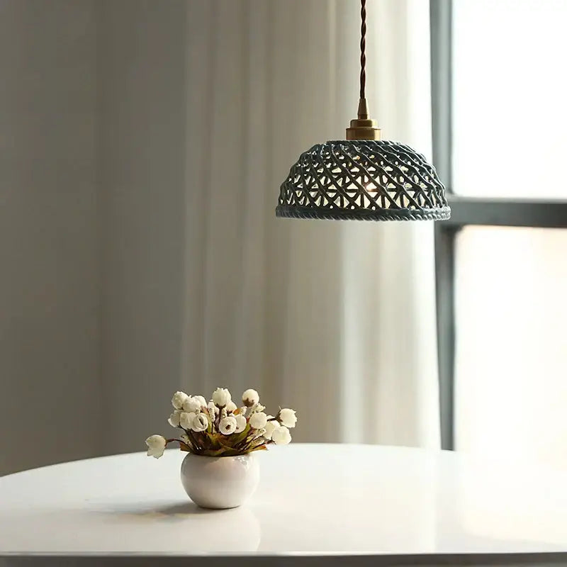 Modern dark gray ceramic led pendant lamp with intricately woven design brass top and twisted cord for bedroom lighting