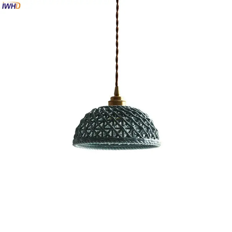 Modern dark gray ceramic led pendant lamp with intricately woven design and brass-finished top for bedroom lighting