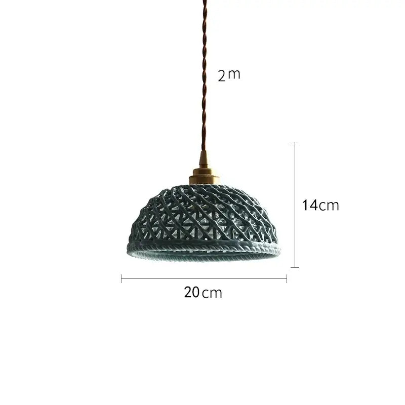 Modern dark gray ceramic led pendant lamp with a dark green woven shade brass top and twisted cord for bedroom lighting