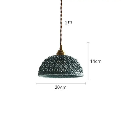 Modern dark gray ceramic led pendant lamp with a dark green woven shade and brass-finished top for bedroom lighting
