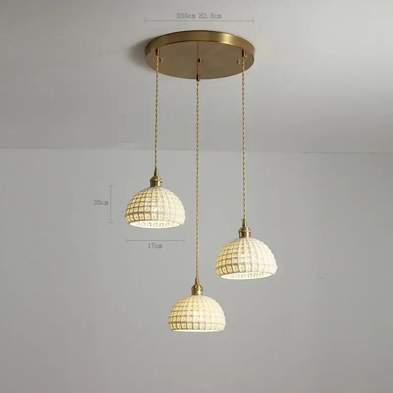 Modern dark gray ceramic led pendant lamp with gold-toned fixtures and woven glass shades for bedroom lighting