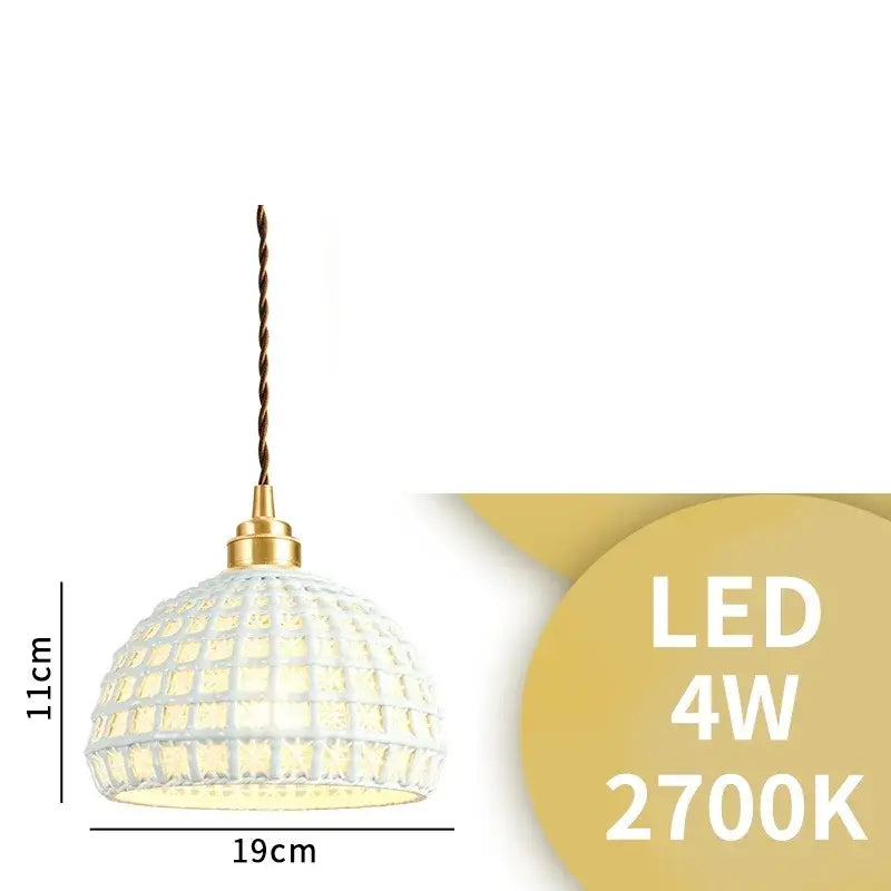 Modern dark gray ceramic led pendant lamp with white dome-shaped grid pattern and gold-toned metal accents