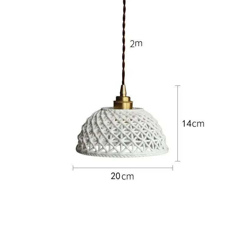 Modern dark gray ceramic led pendant lamp with white woven shade brass fixture and twisted brown cord pendant lamp